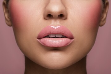 Obraz premium The image is a close-up of a woman's lips. The lips are slightly parted and have a glossy appearance. The woman is wearing pink blush and has a small amount of visible facial hair.