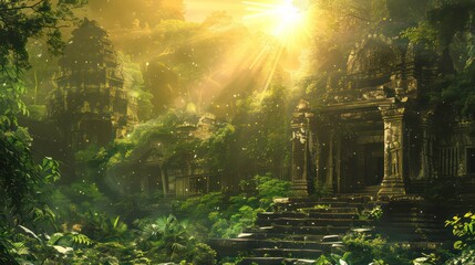 Obraz premium Digital painting depicting sunlit ancient ruins engulfed by a lush, mystical forest. Generative AI
