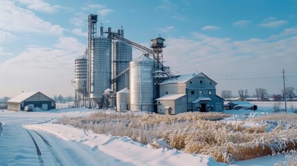 A snowy winter scene featuring a large grain silo complex situated on a rural landscape. A country road winds its way through the snow-covered fields
