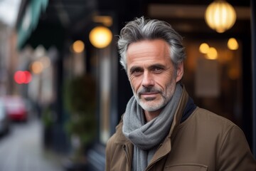 Fototapeta premium Portrait of a handsome middle-aged man in a coat and scarf on a city street.