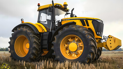 Side view of a large yellow tractor with heavy-duty wheels, designed for agricultural tasks