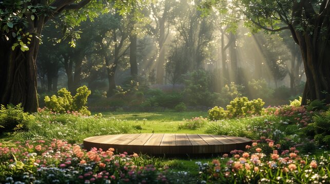 Photography of a circular wooden podium in a lush green garden, perfect for natural and serene outdoor settings