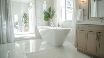 This image shows a modern bathroom with a white bathtub, a vanity with a large mirror, and a large window that lets in natural light.