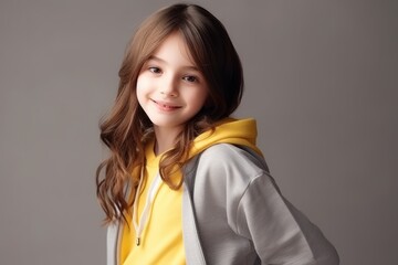 Fototapeta premium portrait of a little girl in a hoodie on a gray background