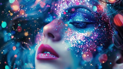 Enchanted cosmic masquerade, a mystical and otherworldly celebration of fantasy and imagination with vibrant and colorful makeup, ethereal masks, and surreal cosmic designs in a whimsical universe