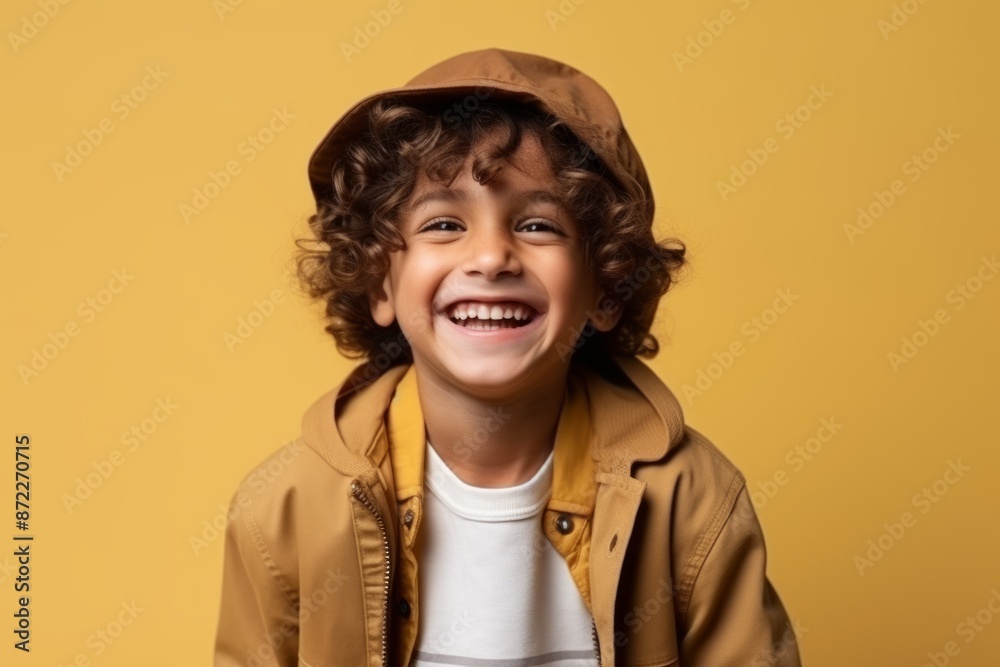 Wall mural Portrait of a smiling little boy in brown jacket and cap on yellow background