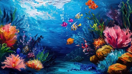 Exquisite handpainted acrylic underwater seascape painting showcasing vibrant marine life. Colorful coral reef. And the beauty of the ocean ecosystem