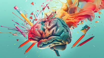 A vibrant illustration where a brain appears to be shattering like glass