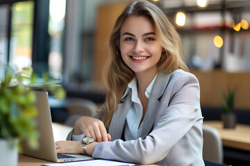 Fototapeta premium Portrait of a cheerful young businesswoman sitting at the table in office and looking at camera.