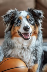 Fototapeta premium Adorable Australian Shepherd playing with a basketball in the cozy living room of a home