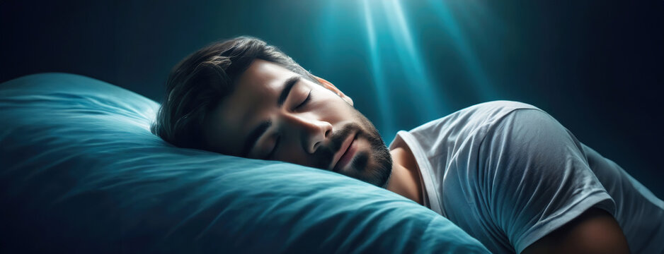 Person sleeping peacefully on a bed with a soft pillow in a dark, moody room with focused light.