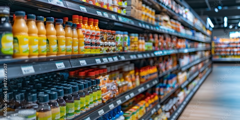 Poster rows products on supermarket shelves.