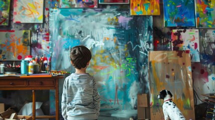 Obraz premium A Boy and His Dog Admire a Wall of Children's Artwork in a Messy Living Room: A Scene of Creativity and Playfulness