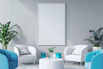 Stylish modern office with minimalist white furniture, vibrant blue accents, and a blank white frame on a light grey wall in a  orientation.