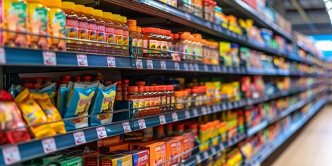 Naklejka premium rows products on supermarket shelves.