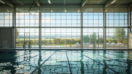 indoor aquatic center with energy-efficient windows that provide clear views of surrounding landscapes, keeping the interior perfectly climate-controlled