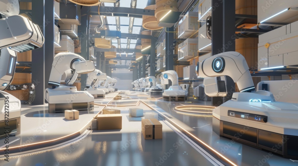 Leinwandbilder A line of automated robots in a warehouse move along a conveyor belt, sorting and transporting boxes.