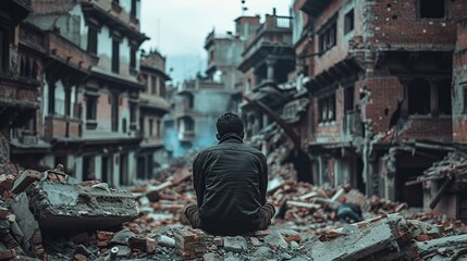 Naklejka premium Man sitting on a pile of rubble, showcasing a post-earthquake scenario