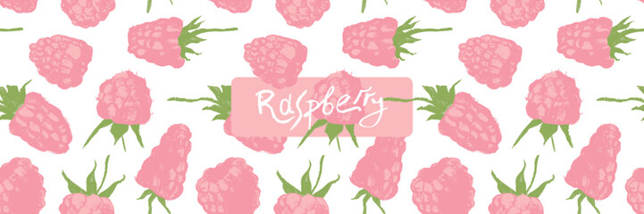 Vector floral banner template with abstract raspberry hand drawn illustrations. Pink raspberries pattern seamless for packaging design or sign. Juice or jam label design. Wild berry background.