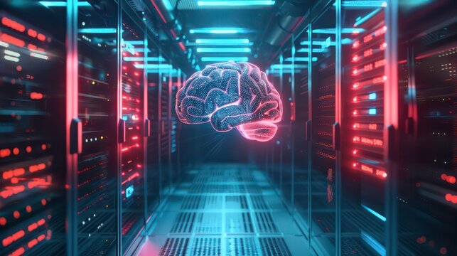 Glowing digital brain floats in a futuristic server room illustrating advanced ai technology. Generative AI