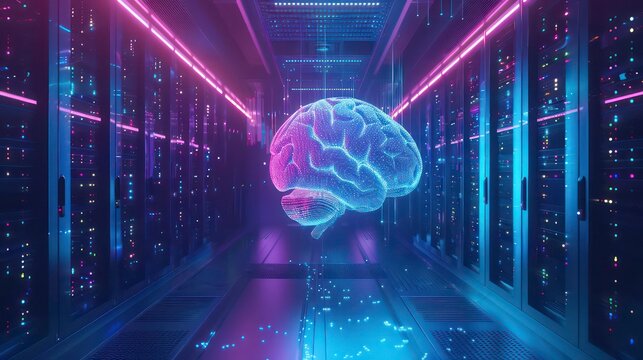 Glowing digital brain floats in a futuristic server room illustrating advanced ai technology. Generative AI