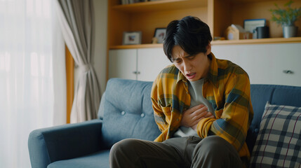 Fototapeta premium 腹痛で顔を歪めるアジア人男性