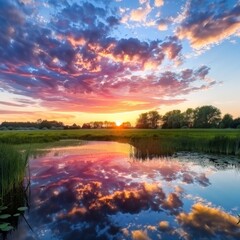 Serene Sunset Over Rural Landscape with Reflective Waters