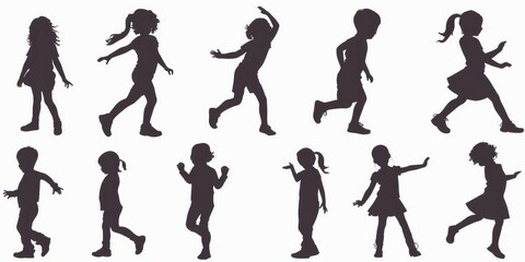 unrecognizable child silhouette in different poses on isolated white background