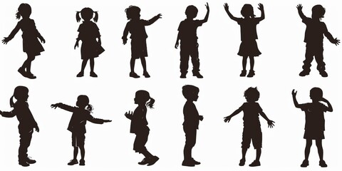 unrecognizable child silhouette in different poses on isolated white background