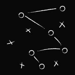 Soccer strategy field, football game tactic drawing on chalkboard. Hand drawn soccer game scheme, learning diagram with arrows.  soccer tactic strategy vector. Eps 10.