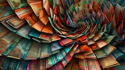 A whimsical arrangement of books, with some stacked and others fanned out