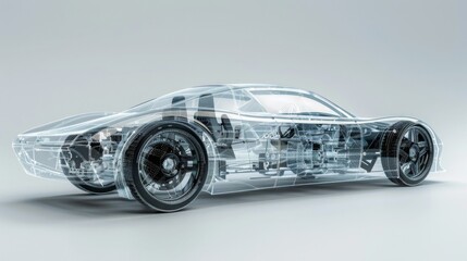 This is a digital rendering of a sports car with its internal components visible. The car is rendered in a transparent style, revealing the engine, chassis, and other internal parts.