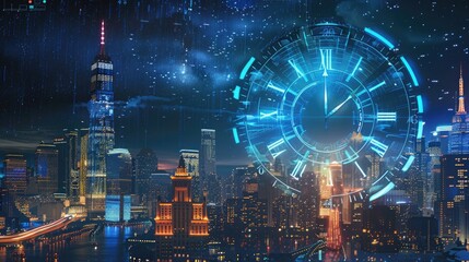 High-tech New Year's celebration in a futuristic cityscape with a clock face showing midnight in the skyline. 2025 new year clock