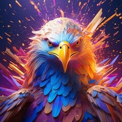 Colorful explosion in the shape of an aggressive eagle head , generated by AI. High quality photo