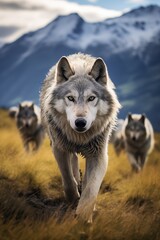 Obraz premium Wolves Roaming in the Mountains, ideal for wildlife photography, nature enthusiasts, and wilderness themes