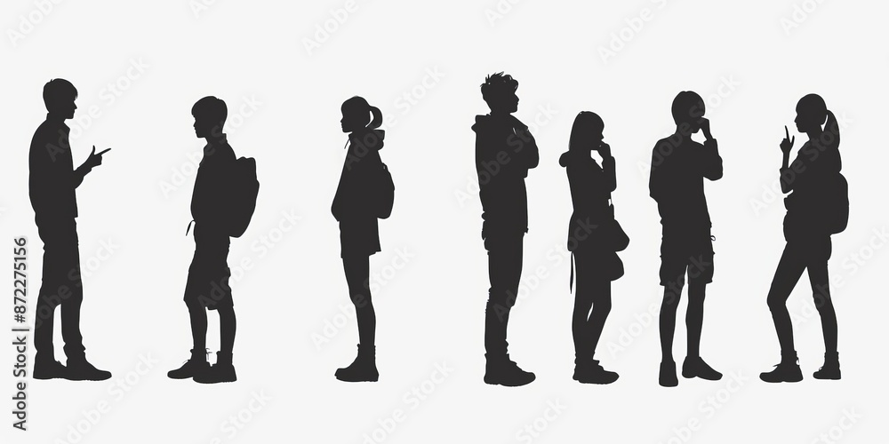 Wall mural unrecognizable people silhouettes in different poses on isolated white background