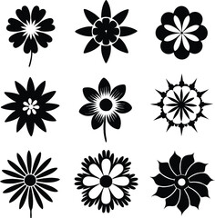 A Set of flower icon Silhouette Design with white Background