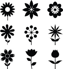 A Set of flower icon Silhouette Design with white Background