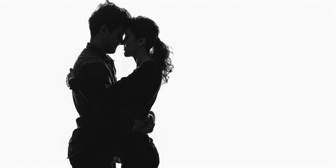 unrecognizable silhouette of a couple hugging each other on isolated white background .