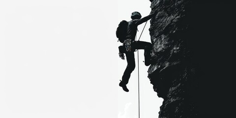 unrecognizable sportsman silhouette climbing on the rocky wall on isolated white background