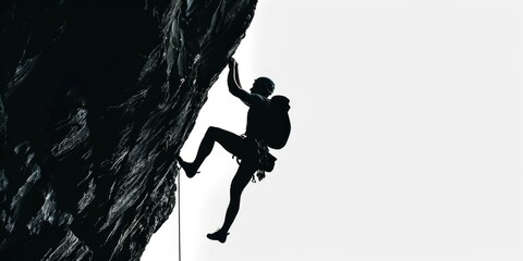 unrecognizable sportsman silhouette climbing on the rocky wall on isolated white background