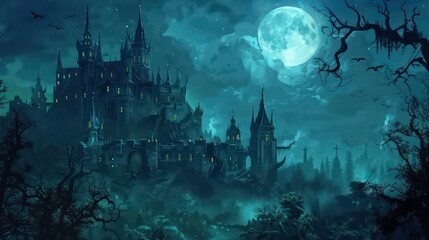 Fototapeta premium Illustration of an enchanted, mystical, and magical fantasy castle under a full moon in a night scene, set in a dark forest with gothic, medieval towers and spires