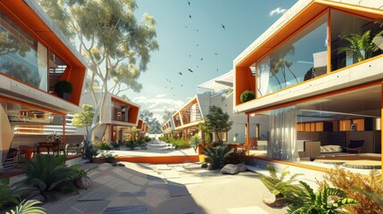 sustainable housing complex with smart energy-efficient windows that automatically adjust for optimal solar gain and shade, reducing reliance on artificial heating and cooling