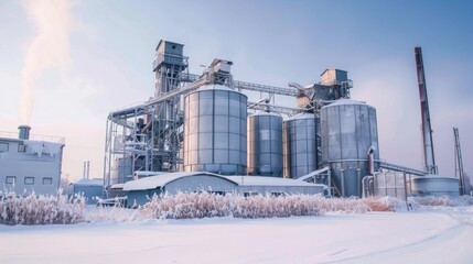 Obraz premium A large industrial complex with several silo-like structures is covered in a thick layer of snow. The complex appears to be inactive, with no visible signs of activity. 