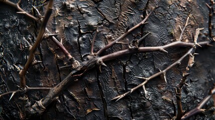 Fototapeta premium Intricate closeup of thorny branches over textured bark, exhibiting a natural dark aesthetic. Generative AI