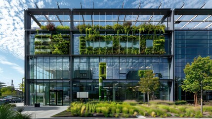 Fototapeta premium green-certified office building with dynamic energy-efficient windows that adjust their opacity based on sunlight intensity to optimize energy use