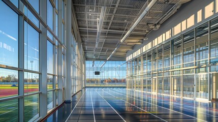 high-performance athletic facility with specialized energy-efficient windows that reduce glare and UV exposure, protecting athletes while maintaining indoor comfort