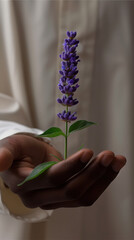 Lavender growing out of  the hand from a person of colour, inclusivity in sustainable development concept