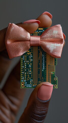 Pink bow on a computer chip held inside hand of person with dark skin, women in computer science concept