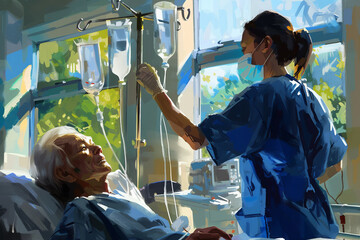 a nurse puts an IV drip on a patient in a medical center
